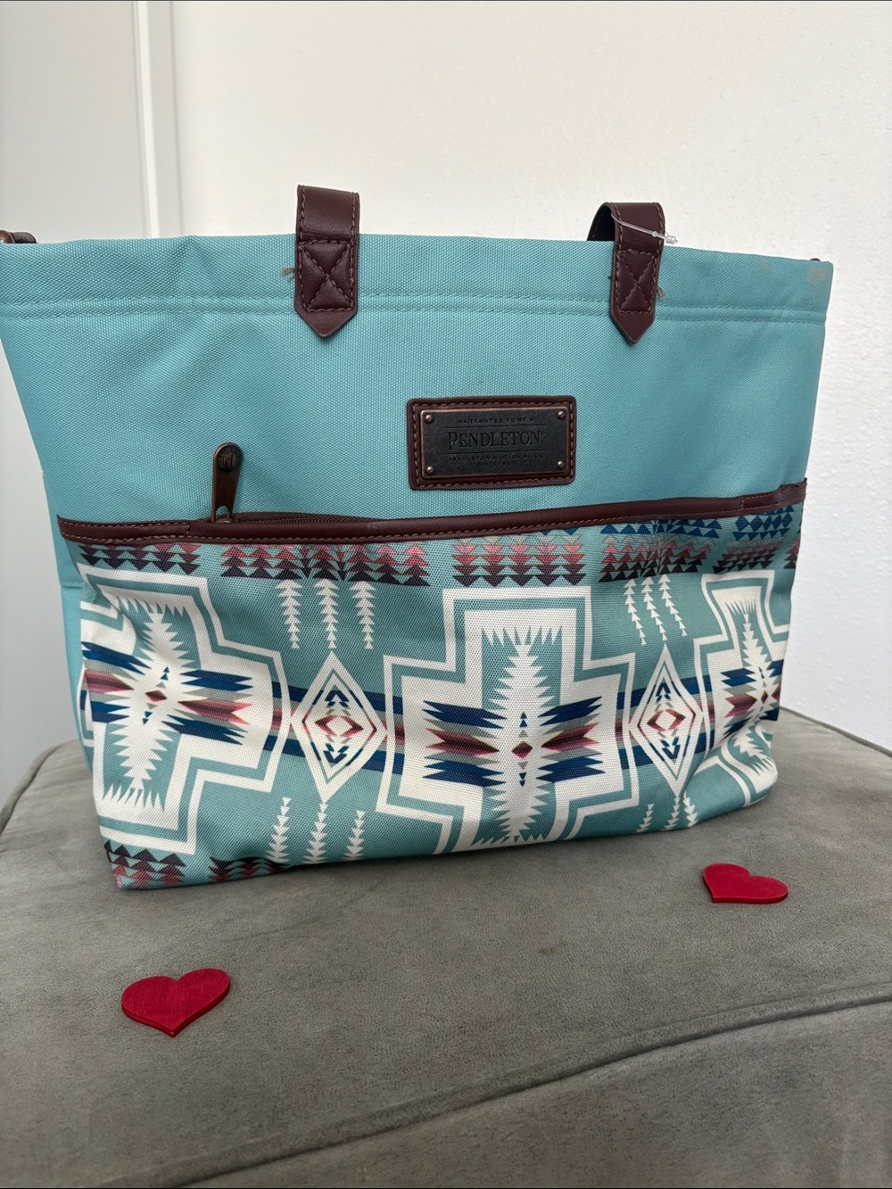 Pendleton Turquoise Aztec-Pattern Tote with Brown Trim